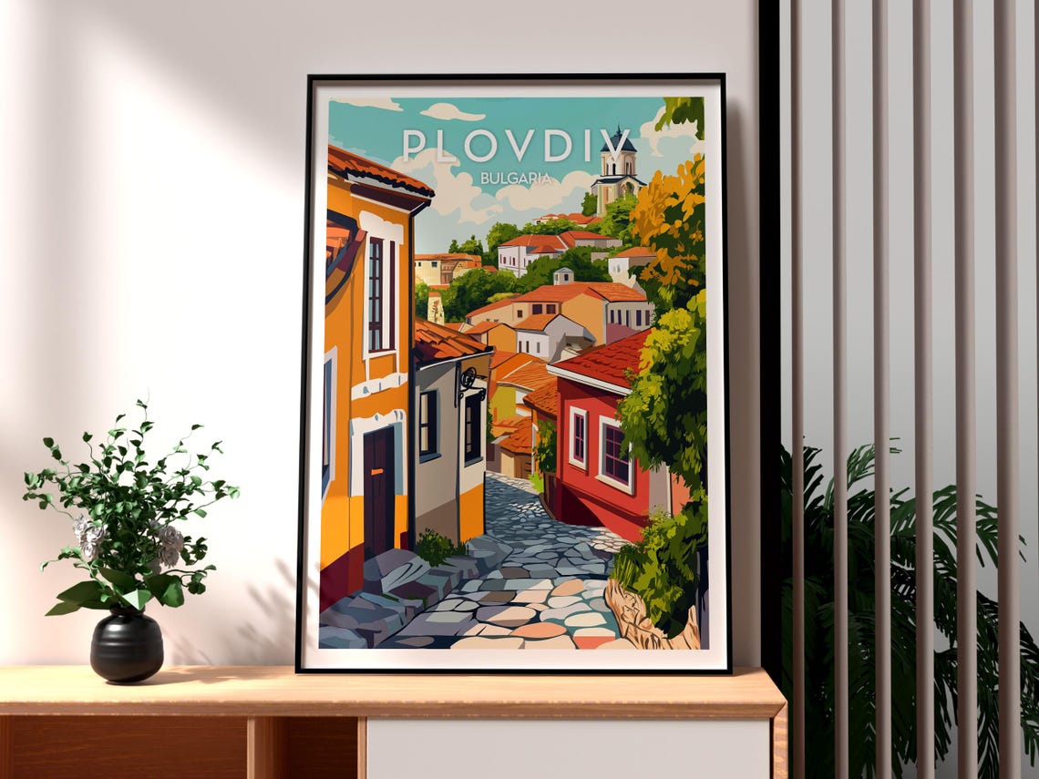 Plovdiv Bulgaria Cobblestone Old Town Lane and Church Poster
