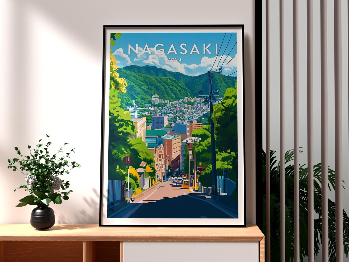 Nagasaki Japan Steep Street Green Hills Port City Travel Poster