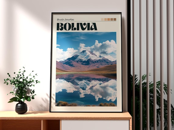 Bolivia Snowcapped Andes Peak Mirror Lake View Travel Poster