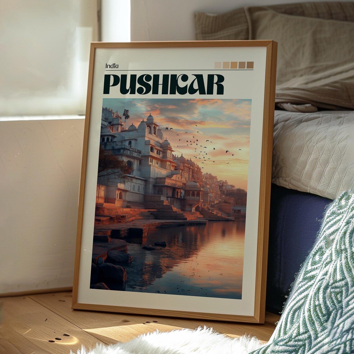 Pushkar India Sacred Lake Temples Sunrise Retro Travel Poster - Image 3