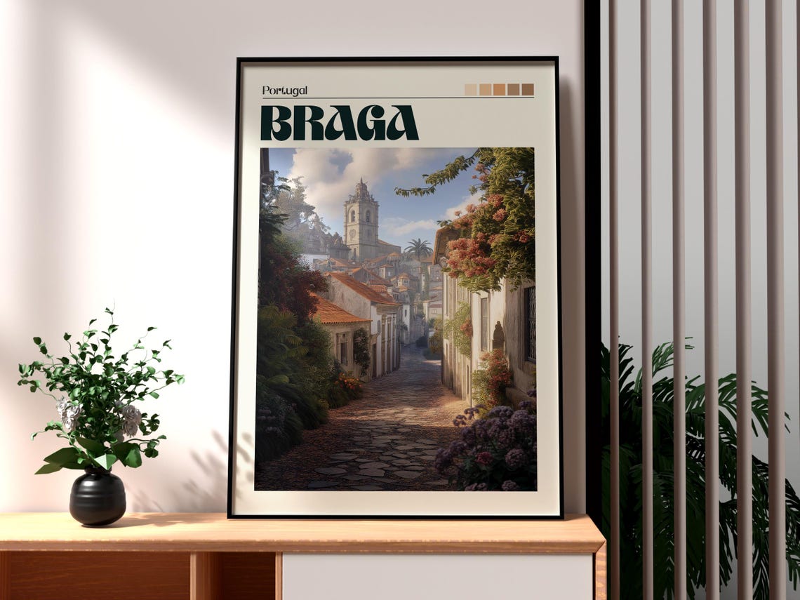 Braga Portugal Cobblestone Street Bell Tower Old Town Poster