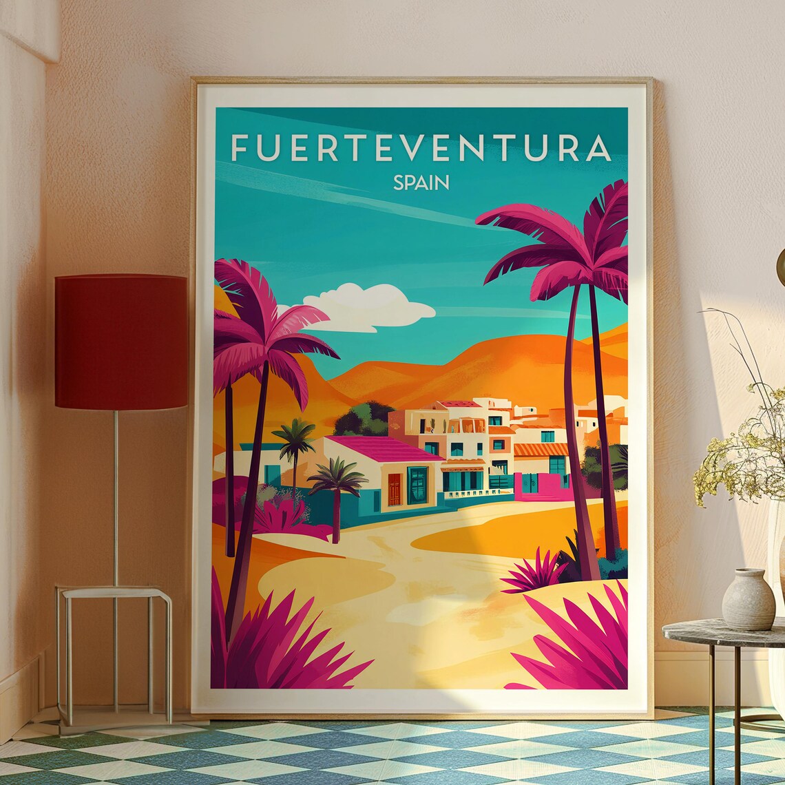 Fuerteventura Spain Colorful Coastal Village Palm Trees Poster - Image 2