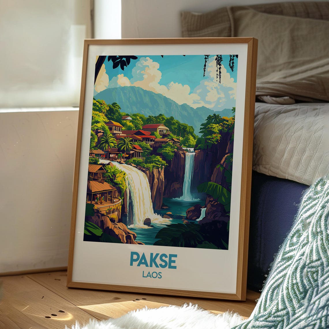 Pakse Laos Twin Waterfall River Village Mountains Travel Poster - Image 3