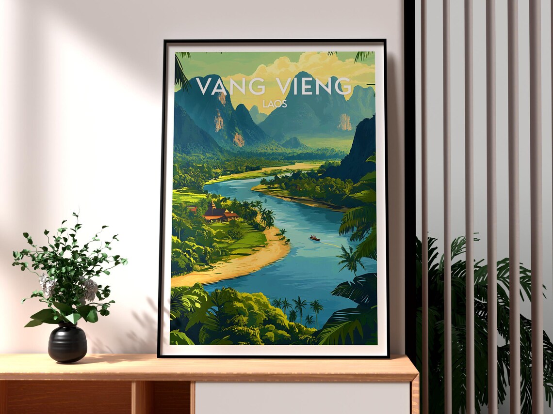 Vang Vieng Laos Limestone Karst Mountains River Valley Travel Poster