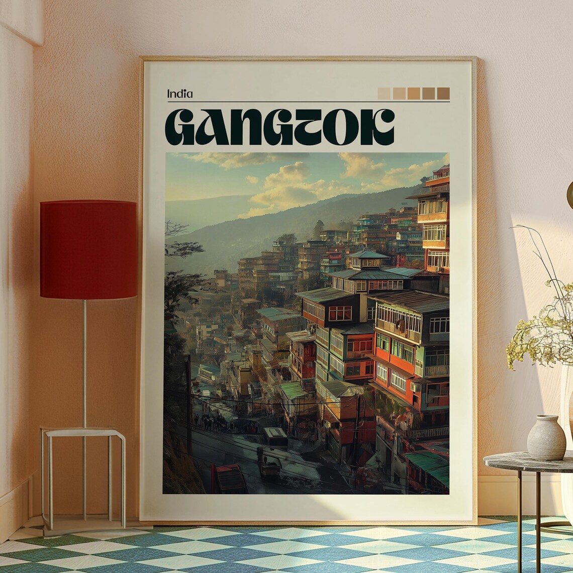 Gangtok India Hillside City Golden Hour Stacked Homes Poster - Image 2