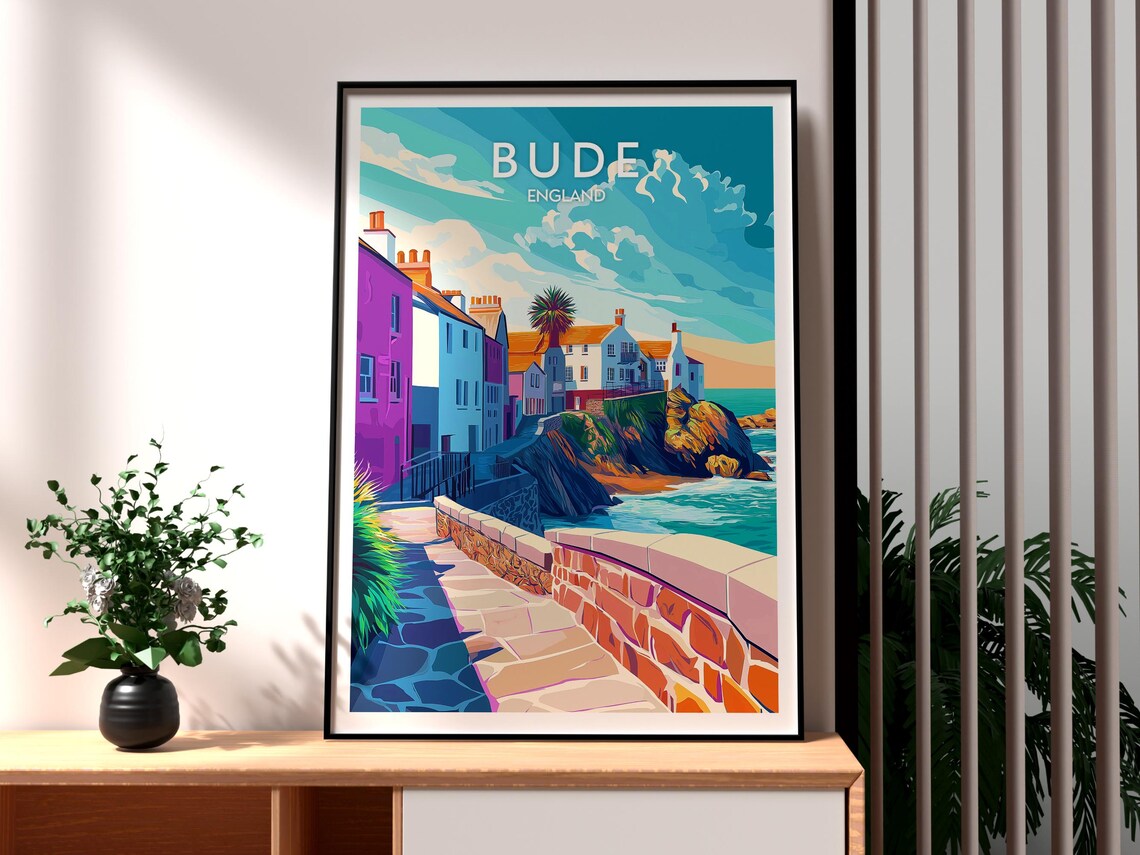 Bude England Seaside Cliff Walk Colorful Coastal Travel Poster