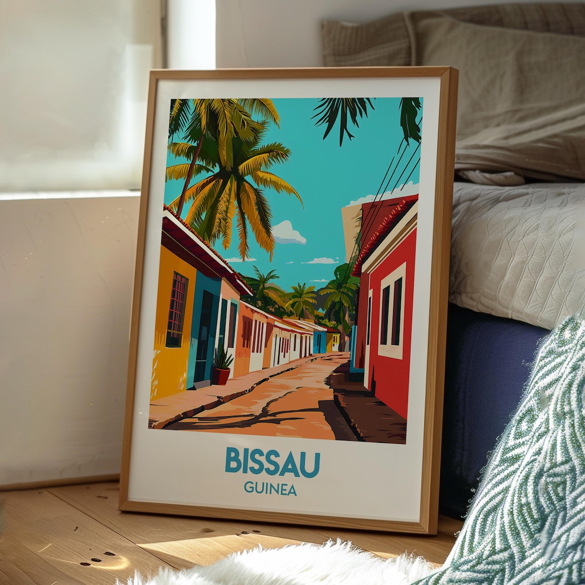 Bissau Guinea Colorful Colonial Street Palm Trees Travel Poster - Image 3