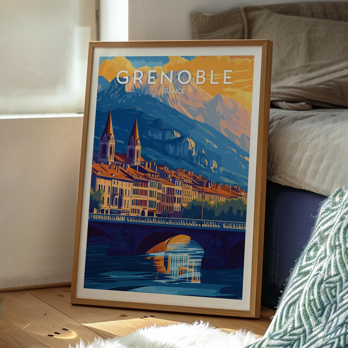 Grenoble France Alpine City Bridge Sunset Illustration Poster - Image 3