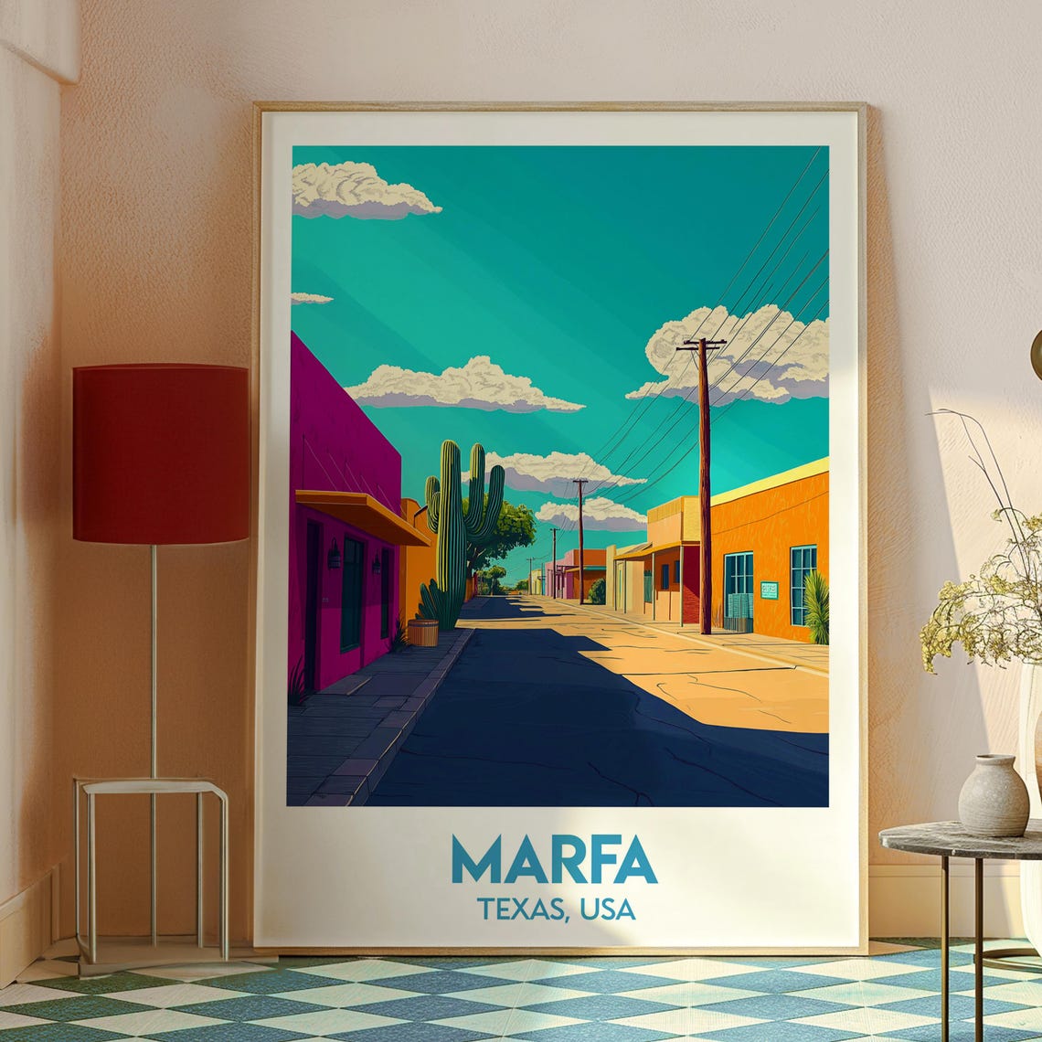 Marfa Texas USA Colorful Adobe Storefronts Desert Town Travel Poster - Image 2