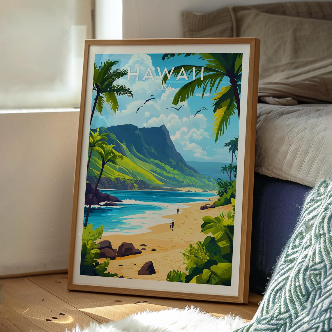 Hawaii USA Tropical Paradise Beach Palm Trees Cliffs Coast View Poster - Image 3