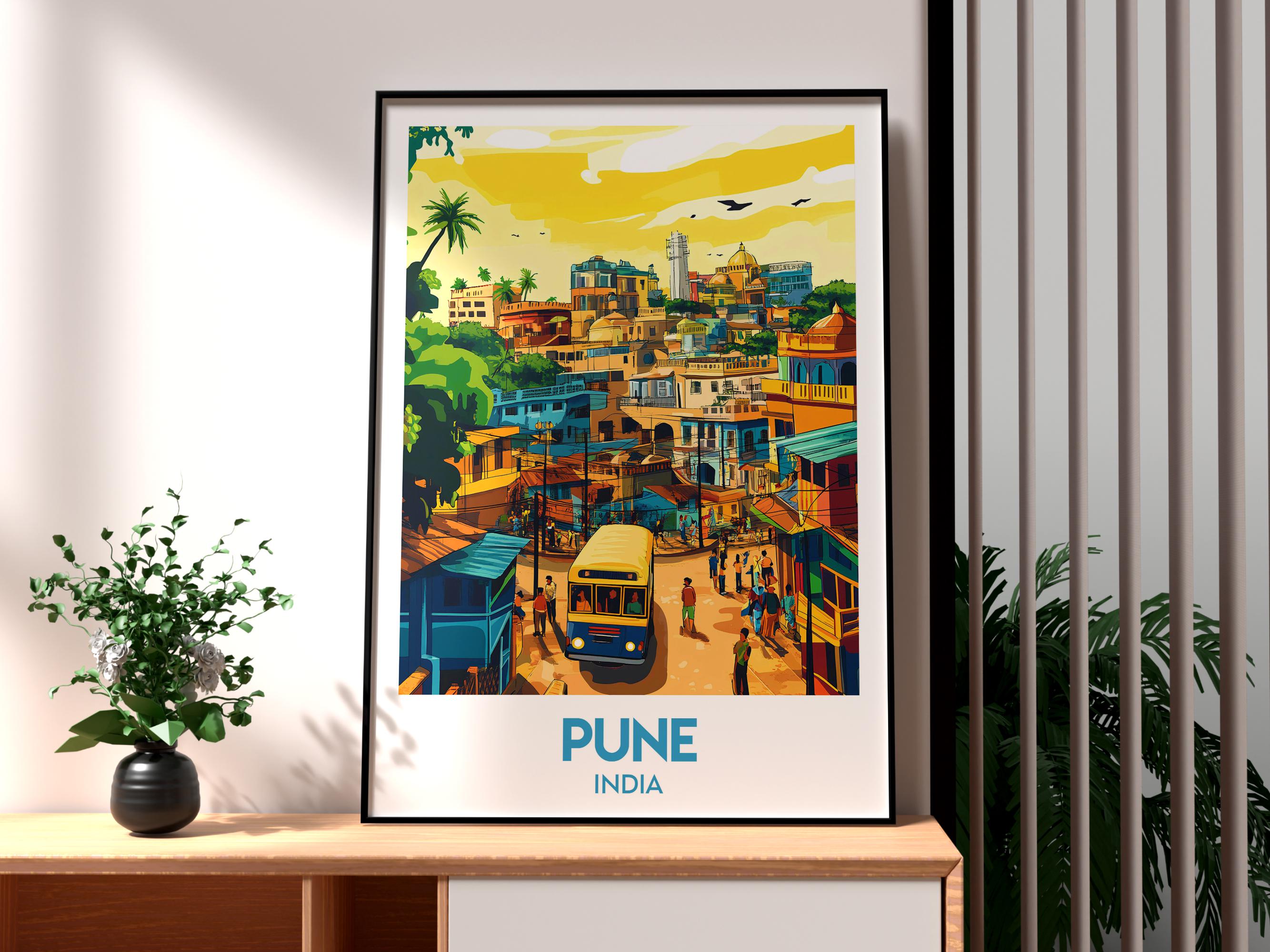 Pune India Busy Colorful Street Bus Scene Illustration Art Poster
