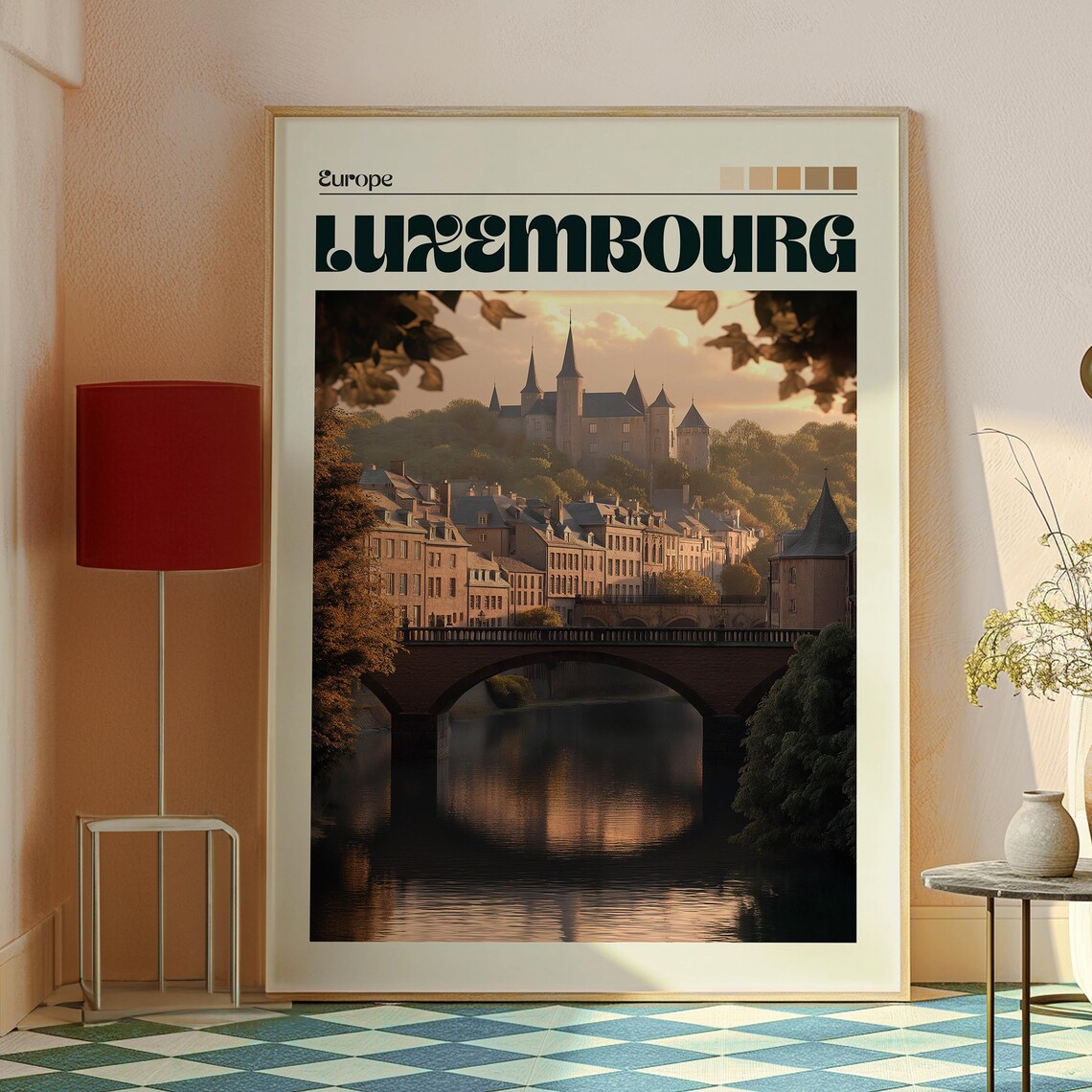 Luxembourg Europe Fairytale Castle Old Town Bridge Sunset Travel Poster - Image 2