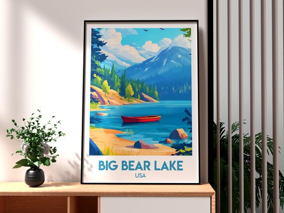 Big Bear Lake USA Pine Mountain Lake Canoe Cabin Travel Poster