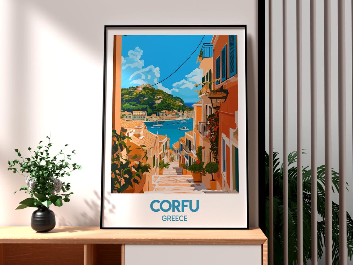 Corfu Greece Harbor Steps Seaside Old Town Village View Poster