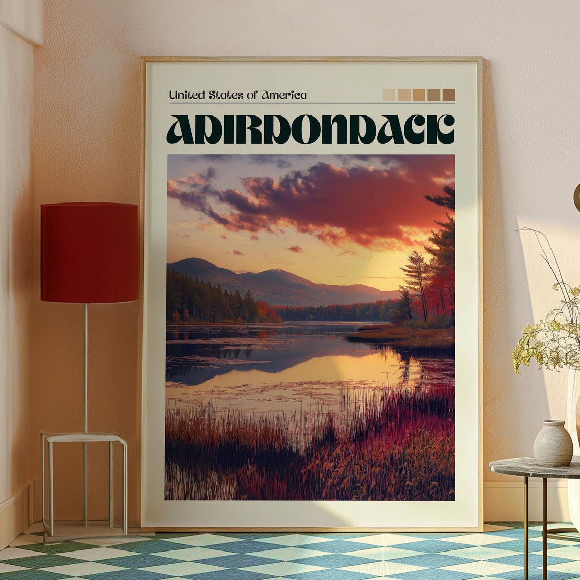 Adirondack New York Fall Foliage Lake Sunset Retro Travel Art Poster - Image 2
