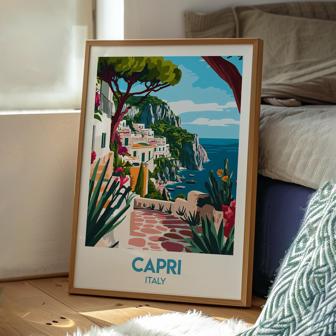 Capri Italy Cliffside Village Sea Boats Umbrella Pines Travel Poster - Image 3