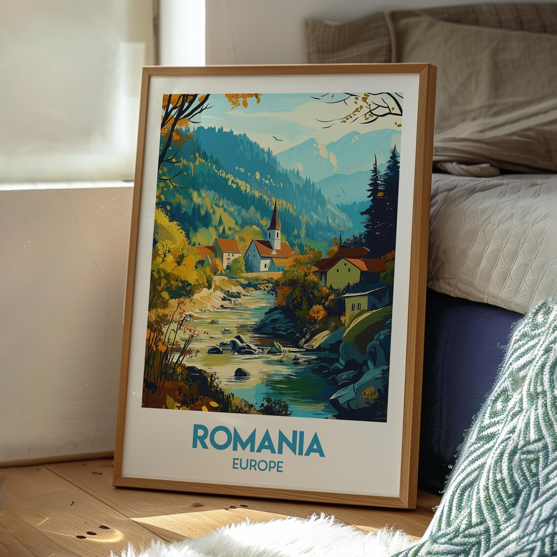 Romania Europe Mountain River Village Church Autumn Art Poster - Image 3