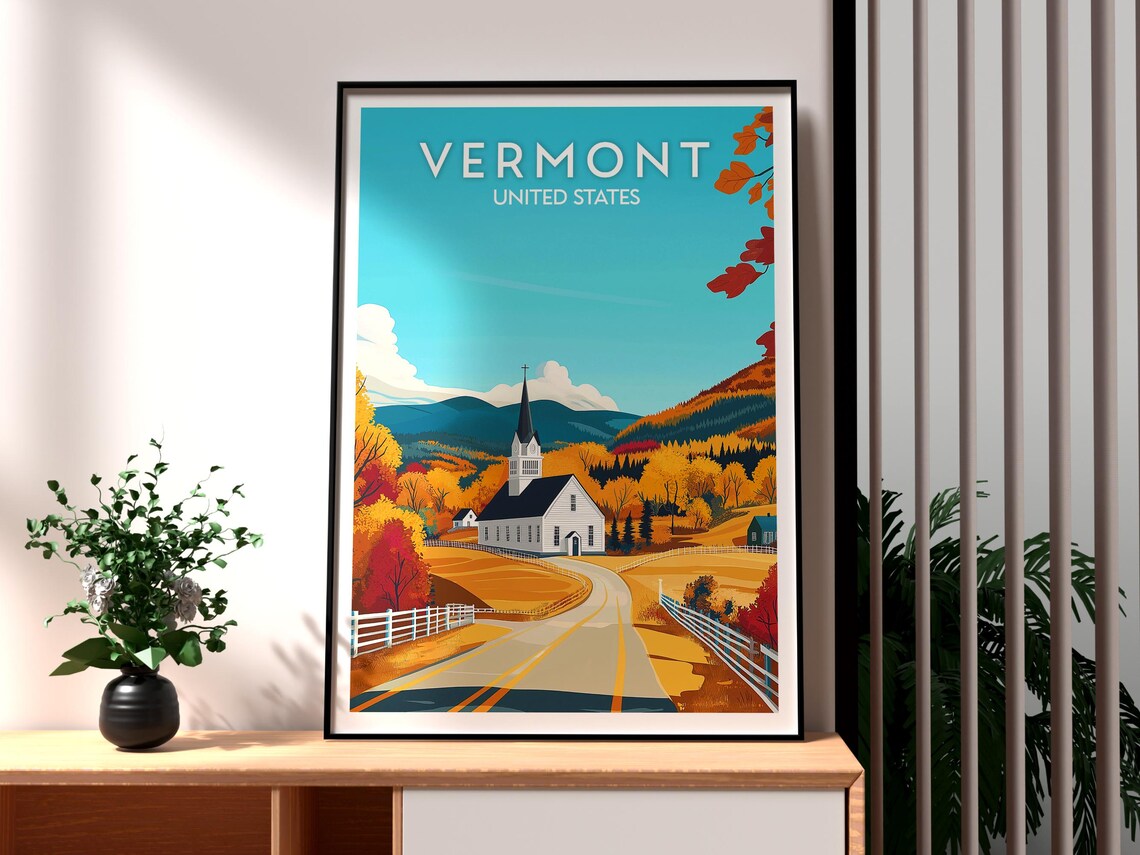 Vermont Fall Foliage White Church Country Road Vintage Poster