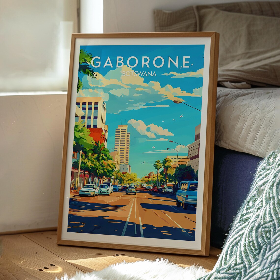 Gaborone Botswana Sunny City Street Palms Downtown Skyline View Poster - Image 3