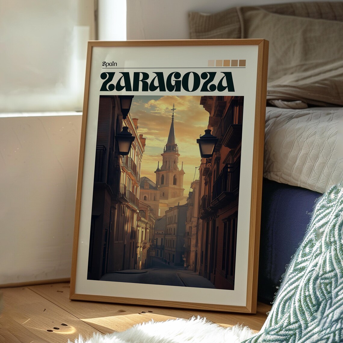 Zaragoza Spain Old Town Street Basilica Sunset Cityscape Poster - Image 3