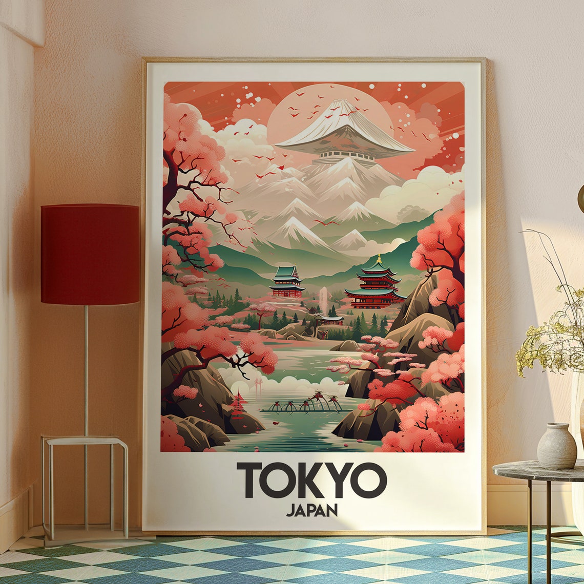Tokyo Japan Cherry Blossom Temple Mount Fuji Landscape Poster - Image 2