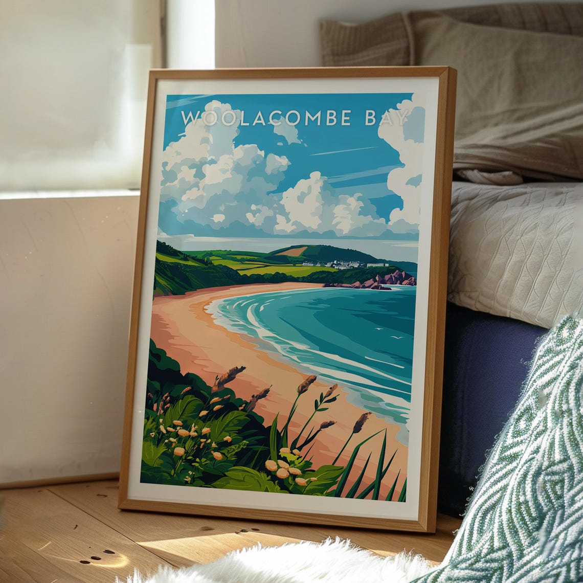 Woolacombe Bay England Sandy Beach Coast Illustrated Travel Poster