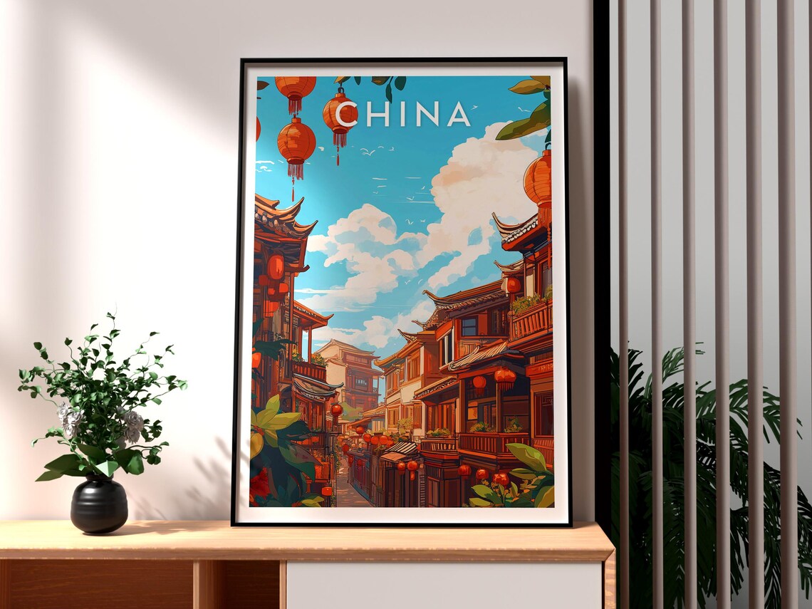 China Lantern Old Town Street Traditional Architecture Travel Poster
