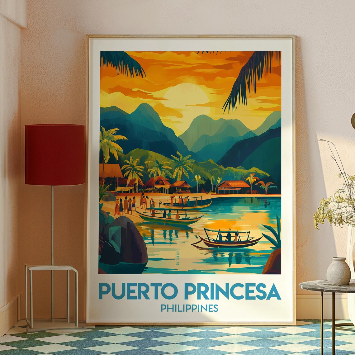 Puerto Princesa Philippines Sunset Lagoon Retro Travel Poster - Image 2