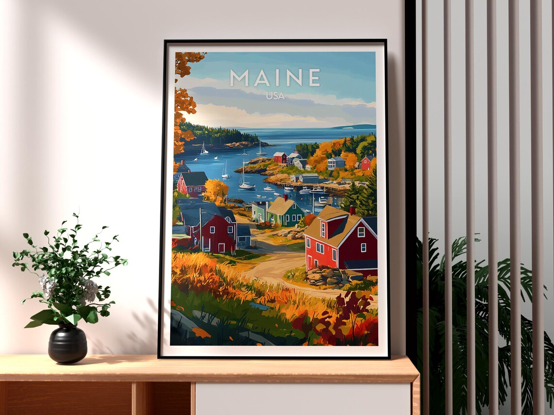 Maine USA Autumn Harbor Village Sailboats New England Coastal Poster