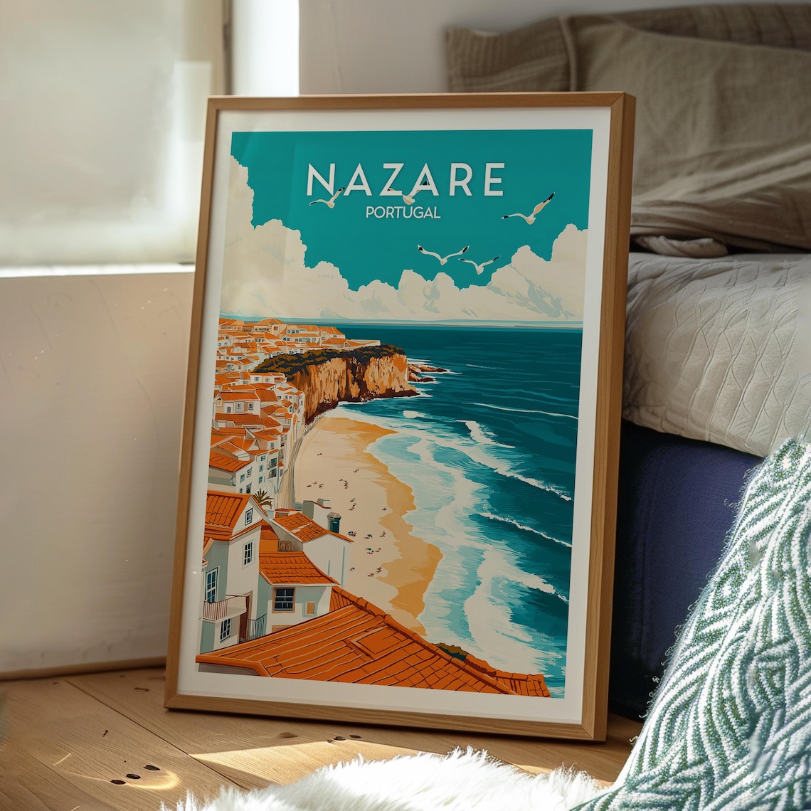 Nazare Portugal Cliff Top Town Big Wave Surf Beach Travel Poster - Image 3