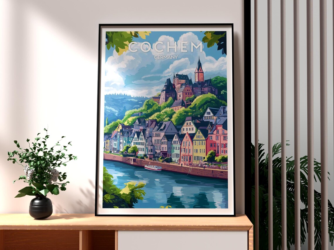Retro Cochem Germany Hilltop Castle River Village Travel Poster