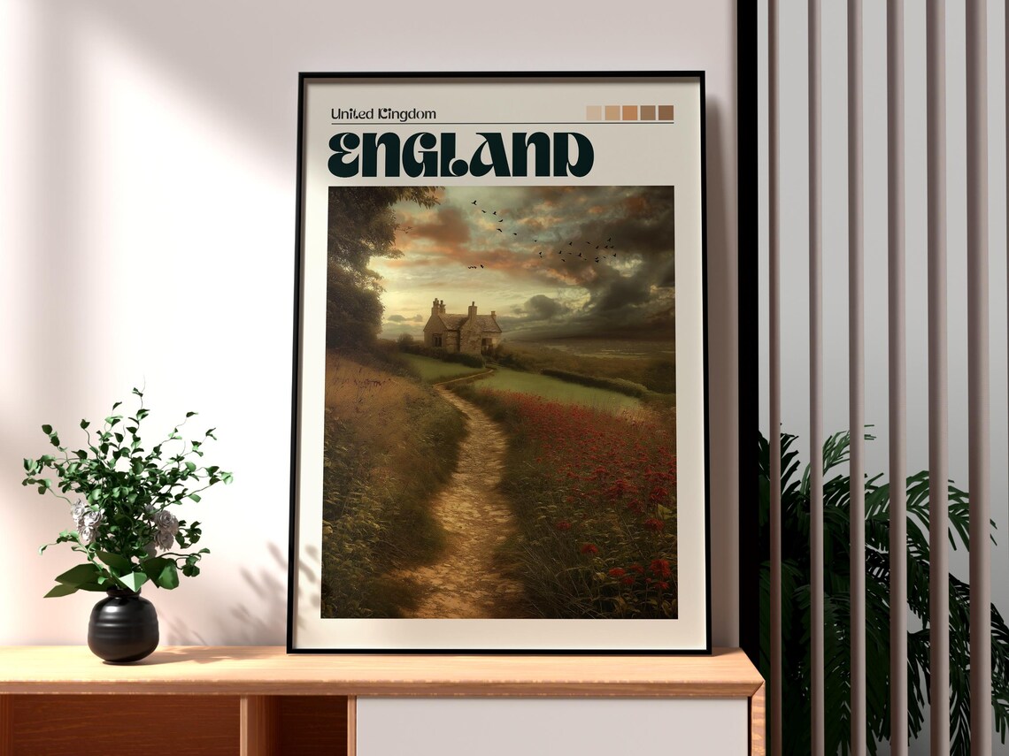 England United Kingdom Country Cottage Poppy Field Sunset Poster