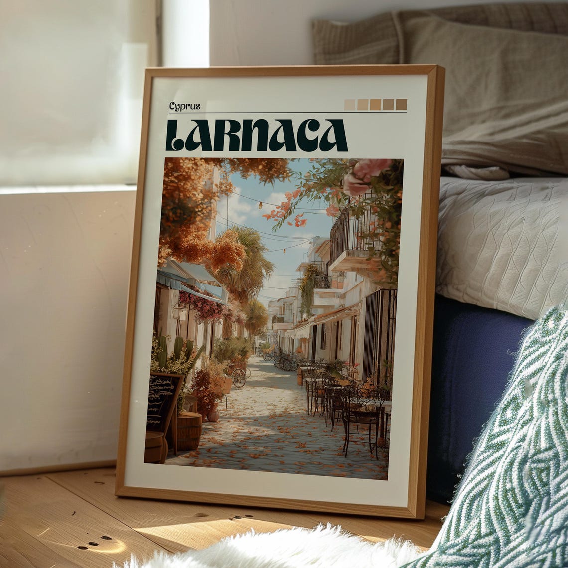 Larnaca Cyprus Charming Flower Old Town Street Cafes Scene Poster - Image 3