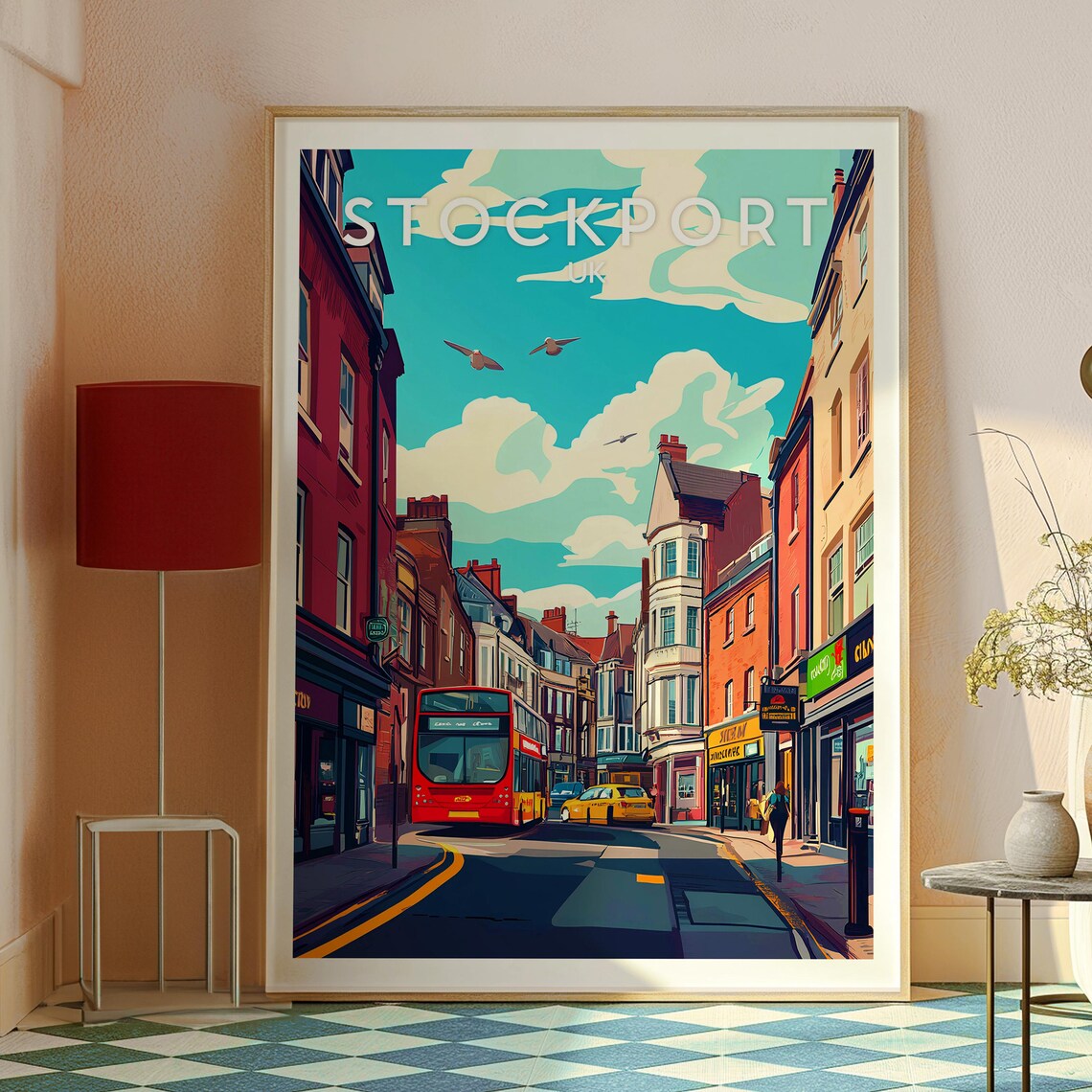 Stockport UK Red Bus Busy Town Street Vintage England Travel Poster - Image 2
