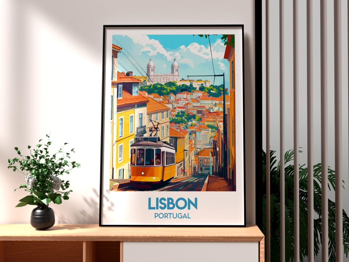 Lisbon Portugal Yellow Tram Hillside Streets and Castle Poster
