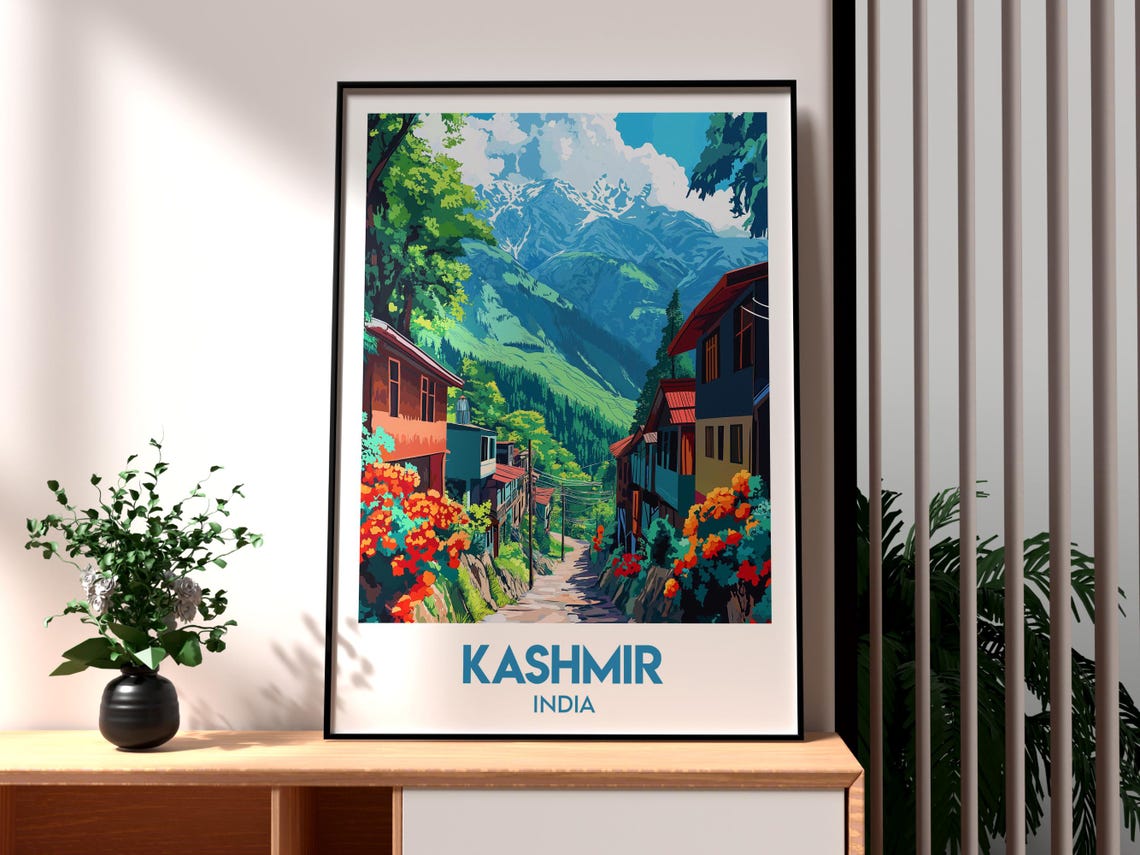 Kashmir India Travel Poster Himalayan Mountain Village Decor