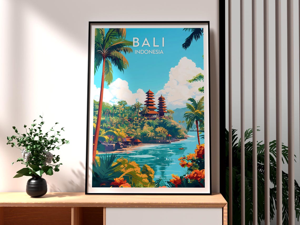 Bali Indonesia Tropical Temple Coastline Travel Illustration Poster