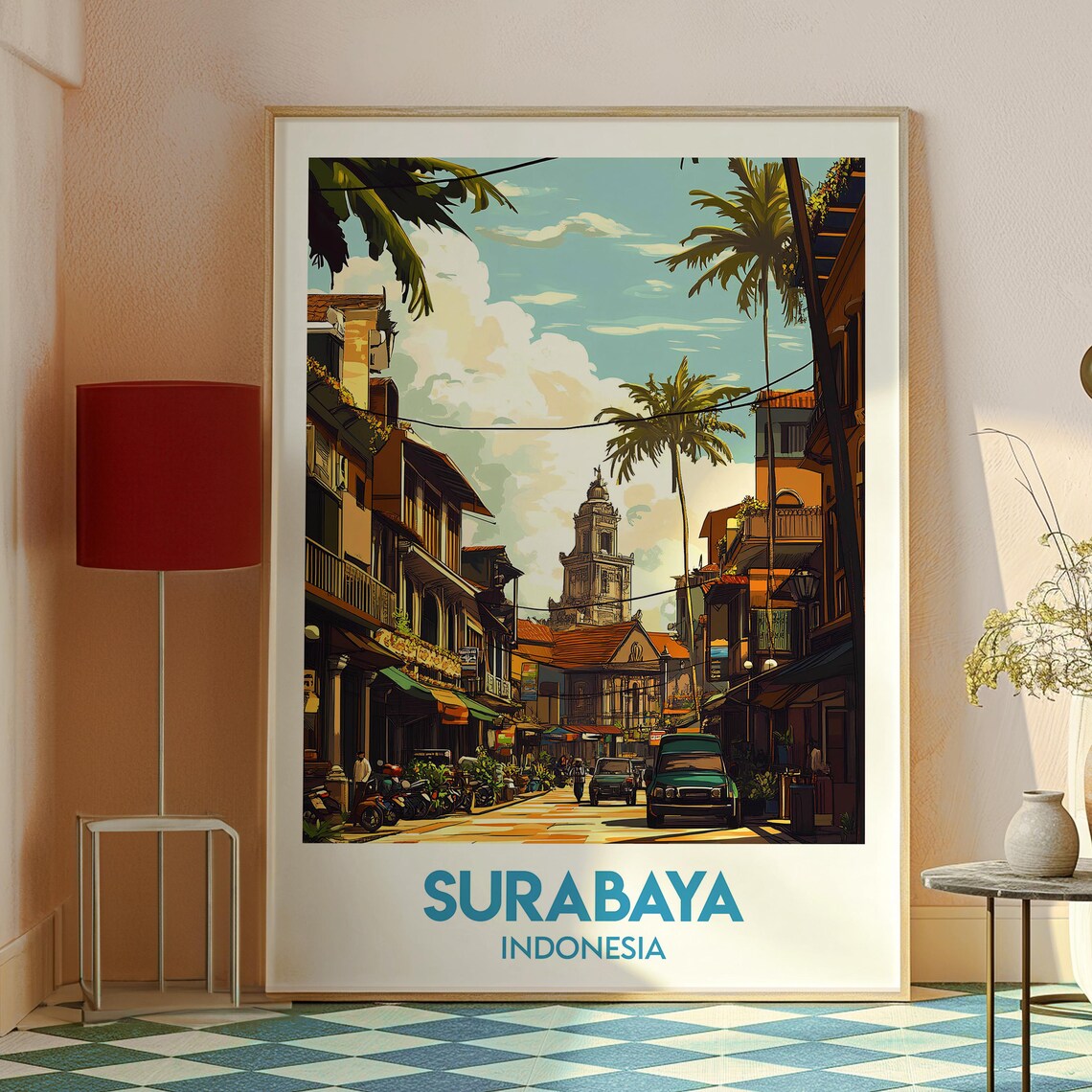 Surabaya Indonesia Old Town Street Colonial Church Travel Poster - Image 2