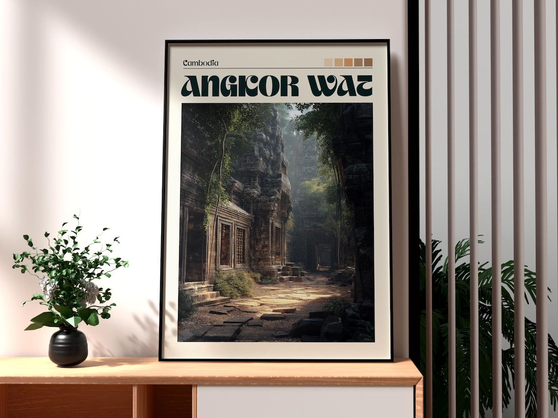 Angkor Wat Cambodia Jungle Temple Ruins Vintage Travel Poster