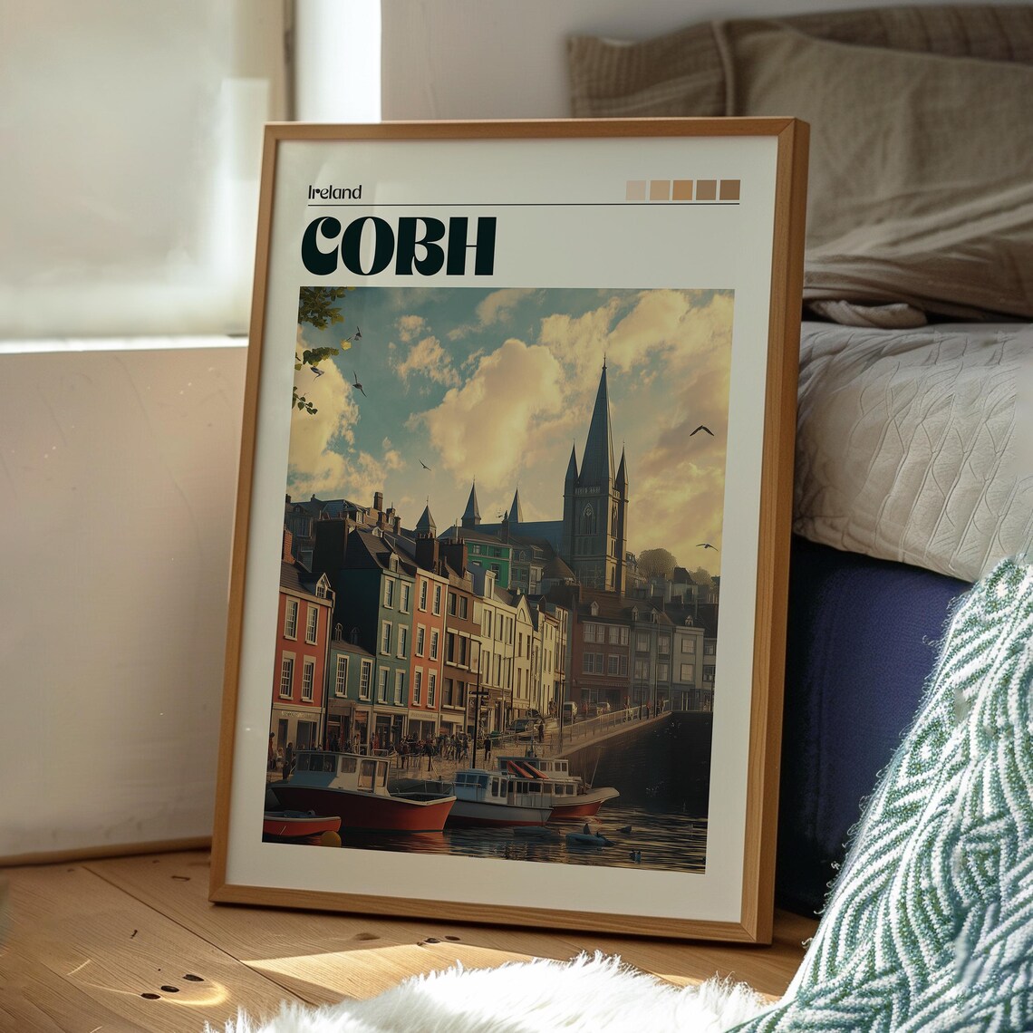 Cobh Ireland Colorful Harbor Houses Cathedral Spire Golden Hour Poster - Image 3