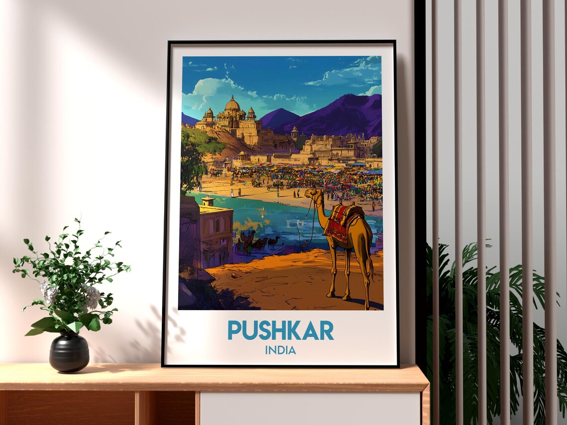 Pushkar India Camel Fair Lakeside Temple Retro Travel Poster