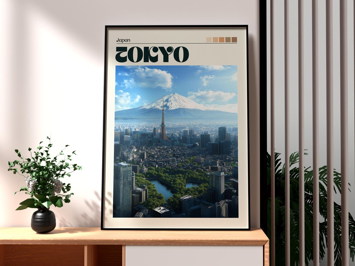 Tokyo Japan Mount Fuji Aerial Skyline Tower Retro Travel Poster