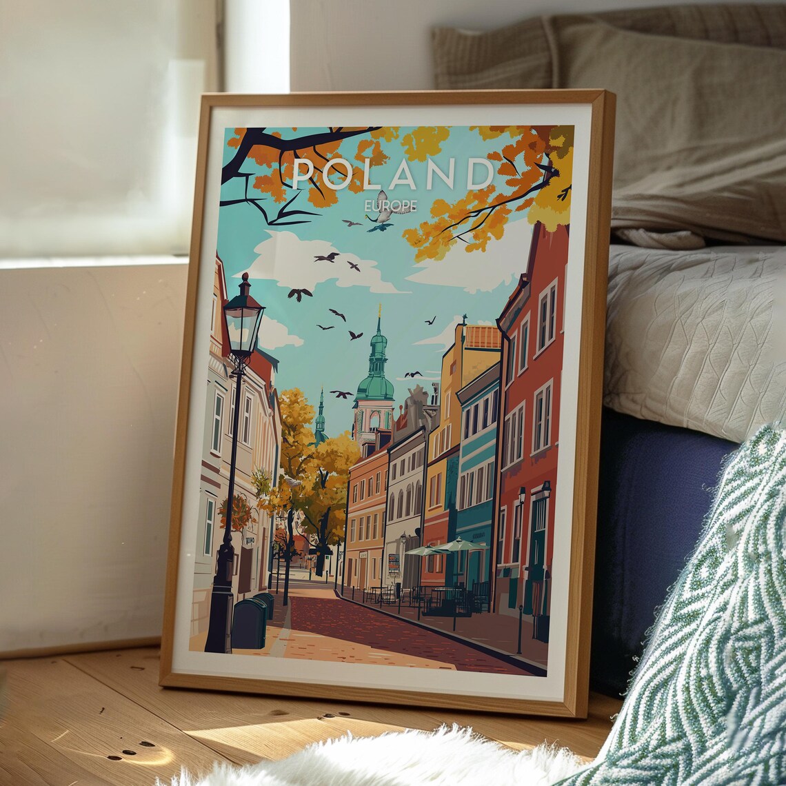 Poland Europe Autumn Street Golden Leaves Church Towers Travel Poster - Image 3