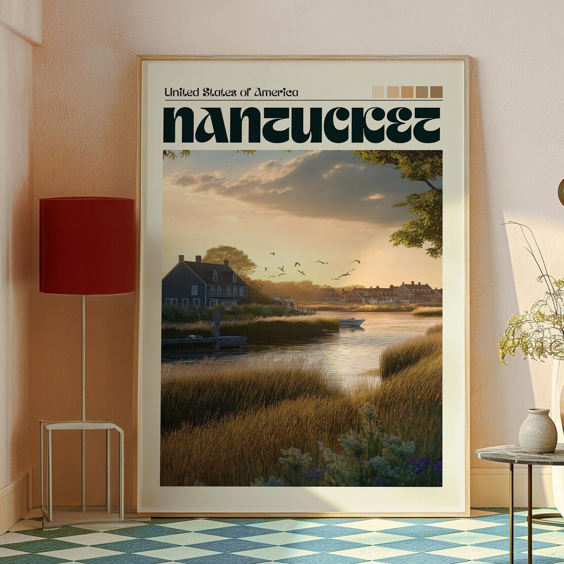Nantucket USA Marsh Cottage Boats Golden Sunset Coast Travel Poster - Image 2
