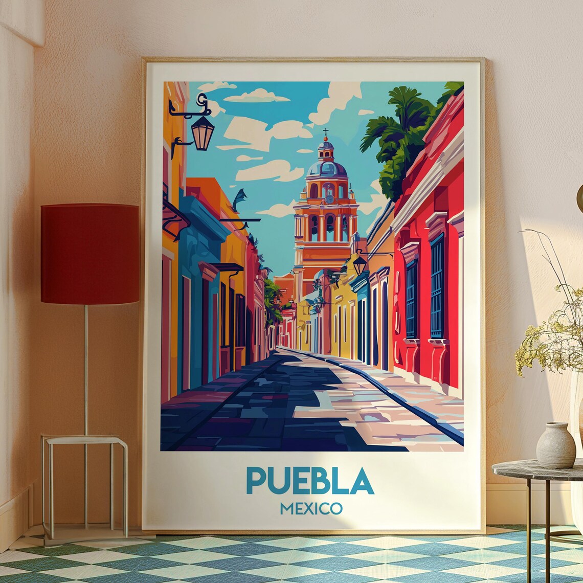 Puebla Mexico Colonial Street Cathedral Tower Colorful Art Poster - Image 2