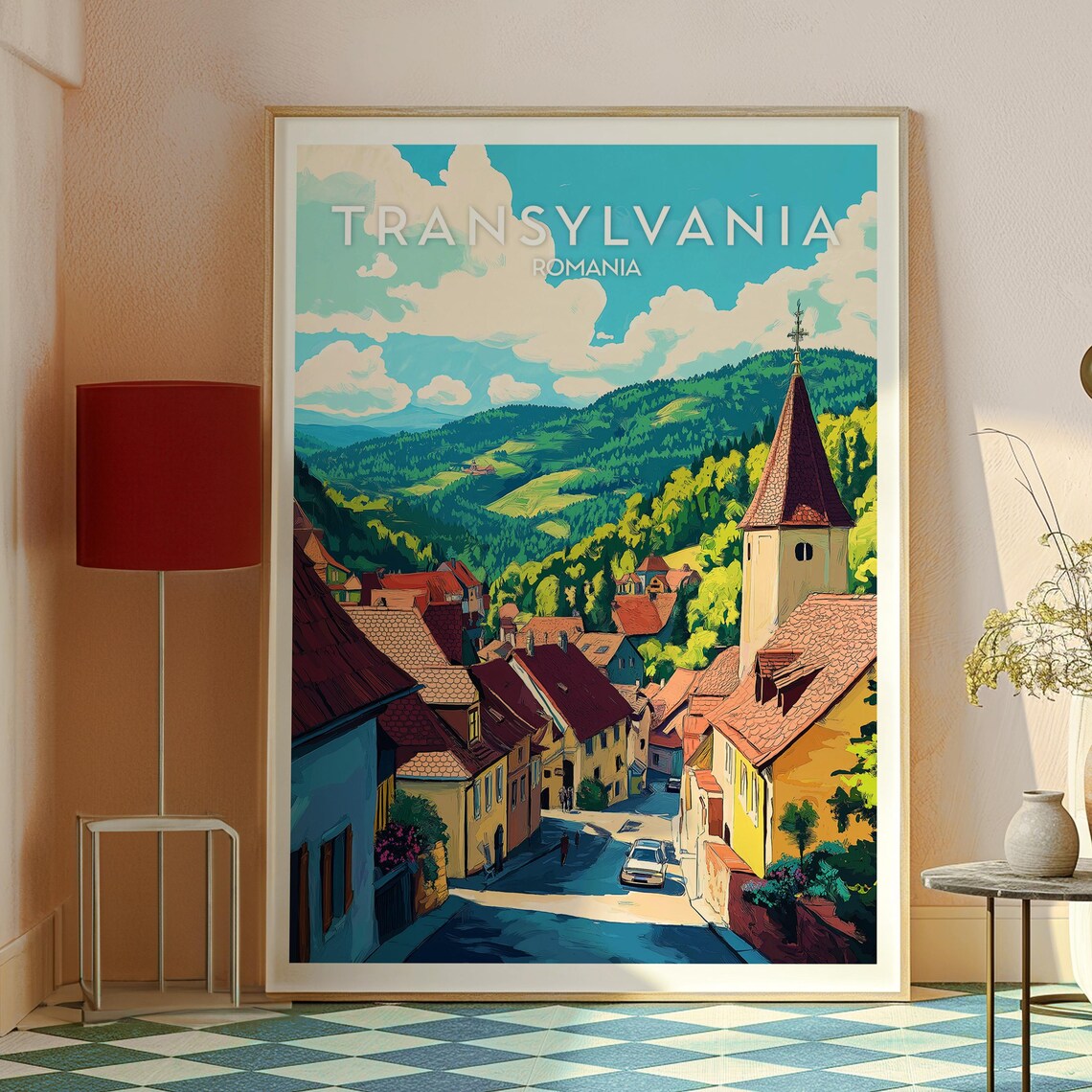 Transylvania Romania Village Church Carpathian Hills Travel Poster - Image 2