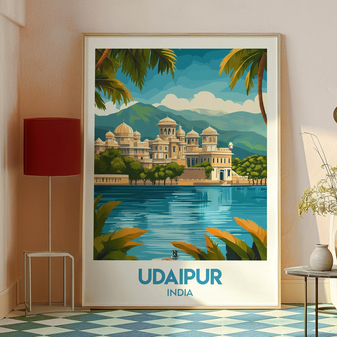 Udaipur India Lakeside Palace Lake Pichola Palms Travel Poster - Image 2