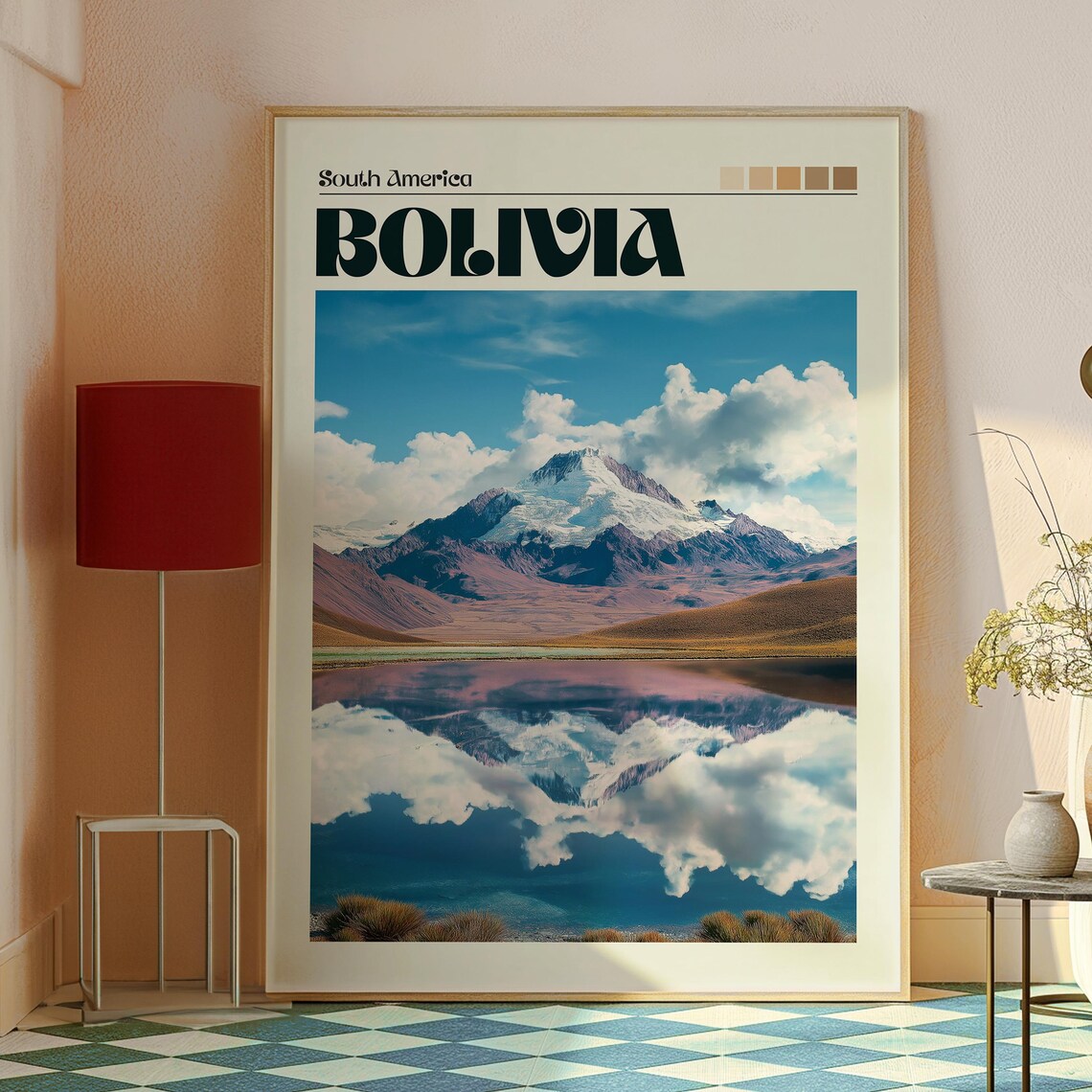 Bolivia Snowcapped Andes Peak Mirror Lake View Travel Poster - Image 2