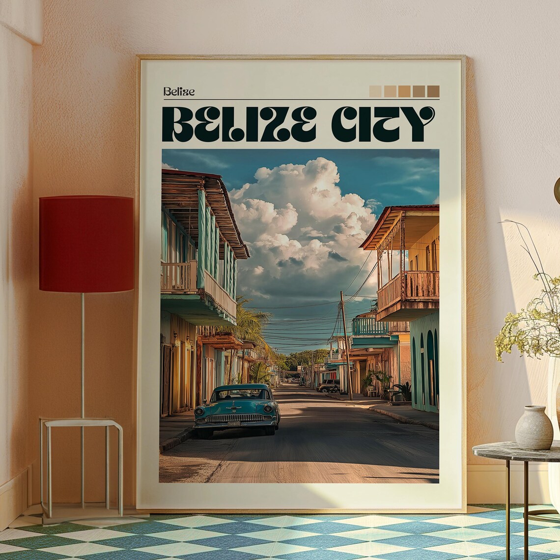 Belize City Colonial Street Vintage Car Scene Sunset Travel Poster - Image 2