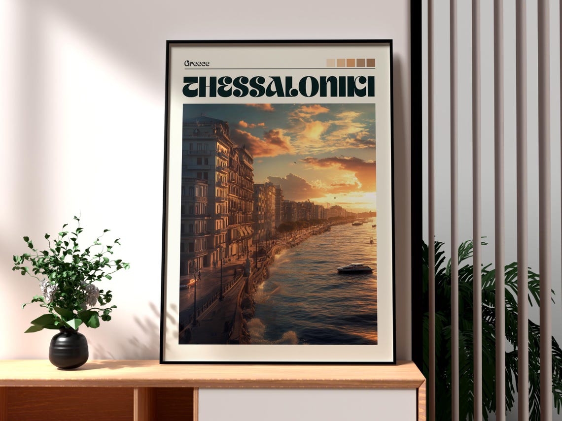 Thessaloniki Greece Waterfront Sunset Seafront Golden Travel Poster